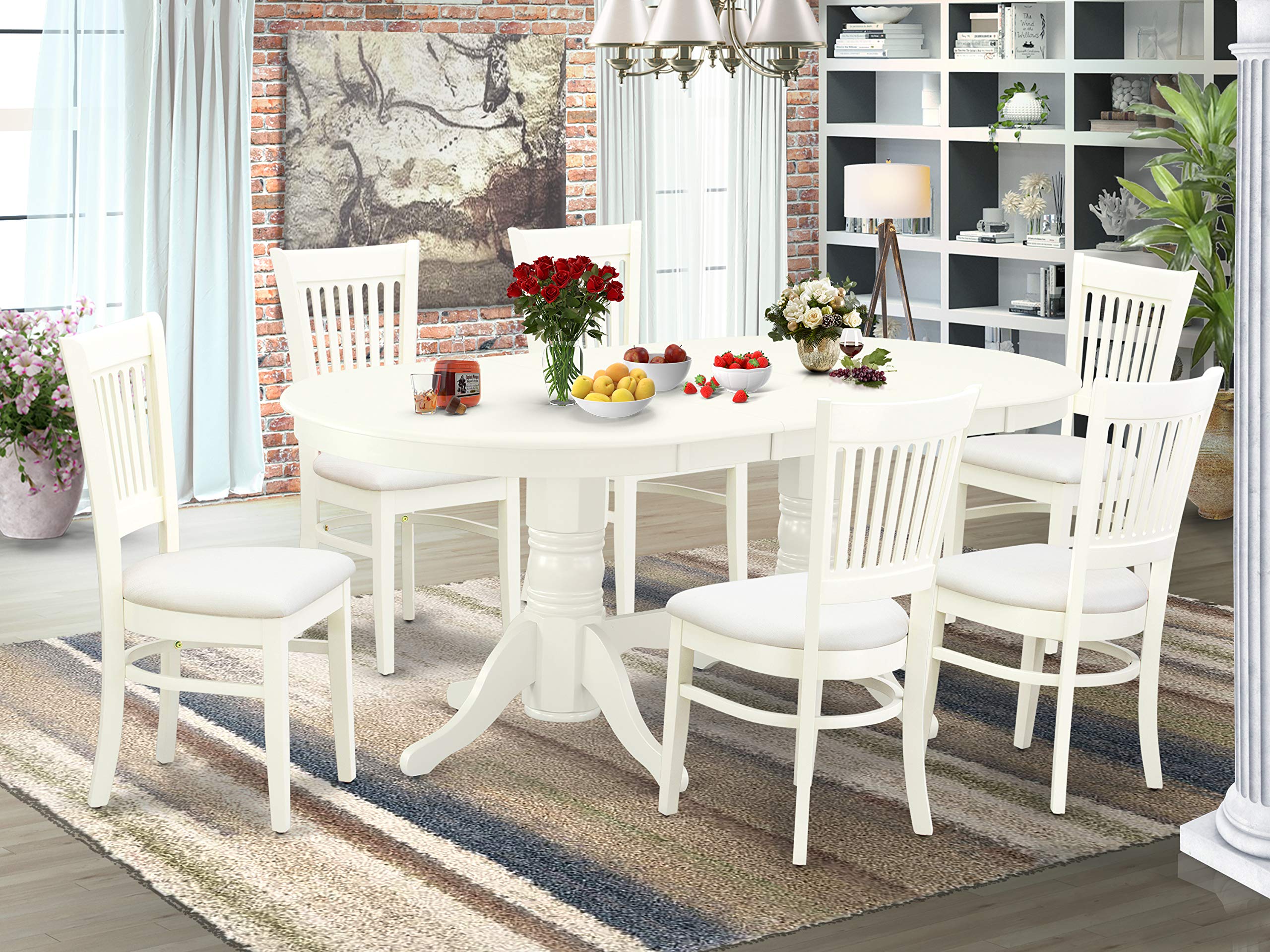 East West Furniture Vancouver 7 Piece Modern Set Consist Of An Oval Wooden Table With Butterfly Leaf And 6 Fabric Upholstered Dining Chairs, 40X76 Inch, Linen White